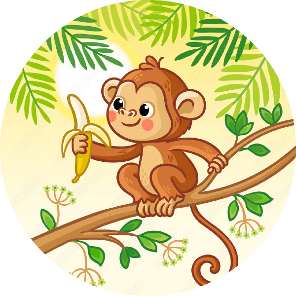 Muursticker aapje met banaan op tak in cirkel uitgesneden