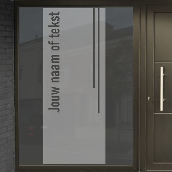 Zandstraalfolie voor deur met naam of tekst verticaal uitgesneden en 2 lijnen